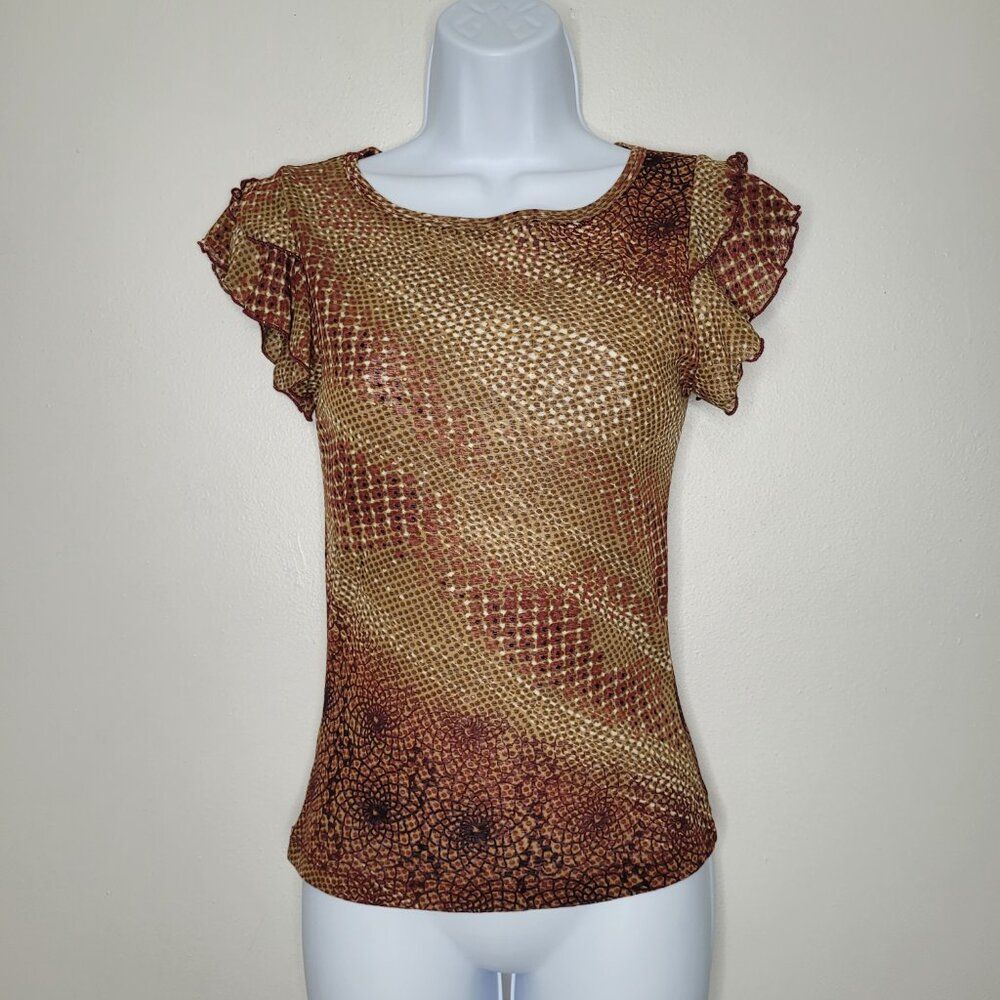 Vintage 90s y2k A Byer brown tan semi sheer ruffle sleeve rustic going out top